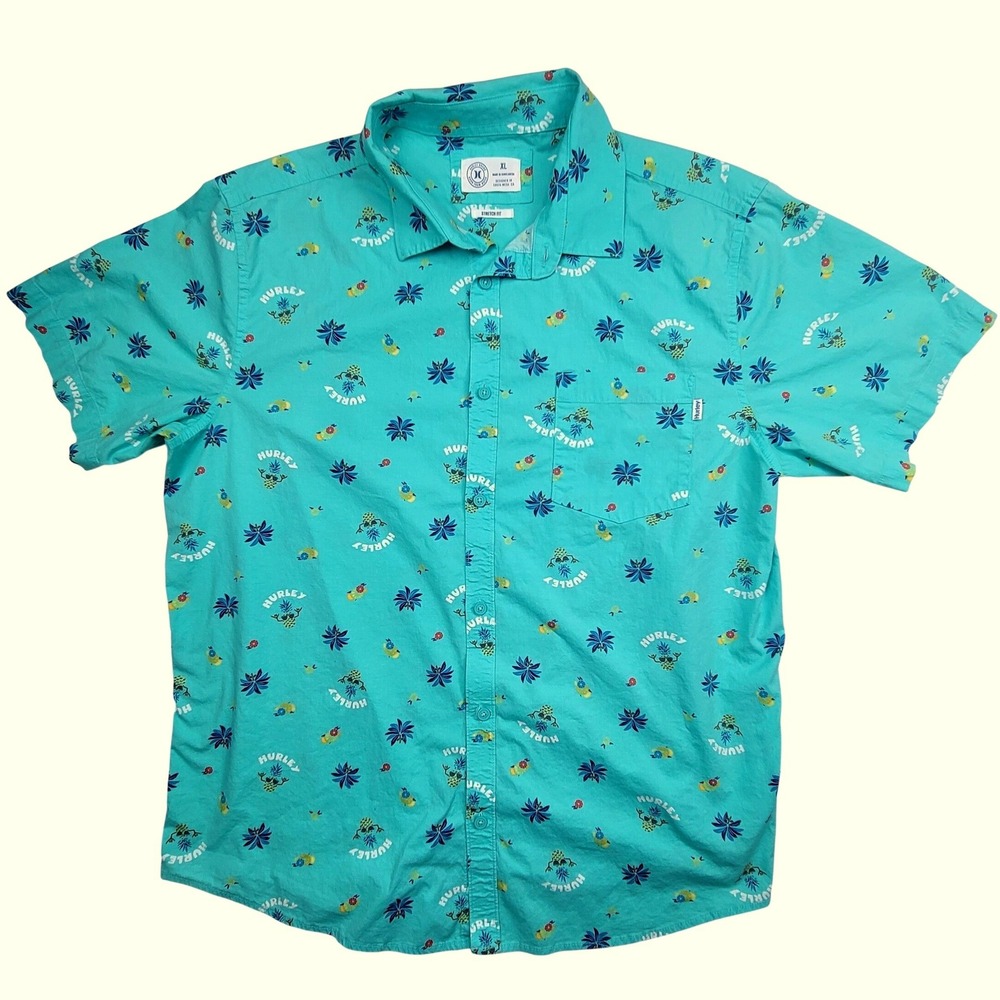 Hurley Mens XL Turquoise Aloha Shirt Short Sleeve Tropical Print Stretch Fit